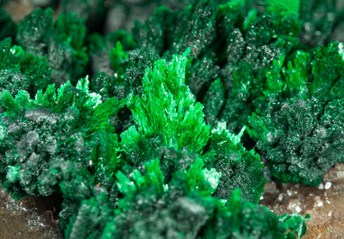 Malachite on Quartz with Goethite inclusions. 